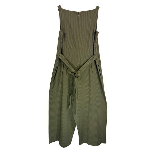 NWT Uniqlo Linen Blend Stripe Jumpsuit Olive Sz M Relaxed Waist Ribbon - Picture 5 of 11